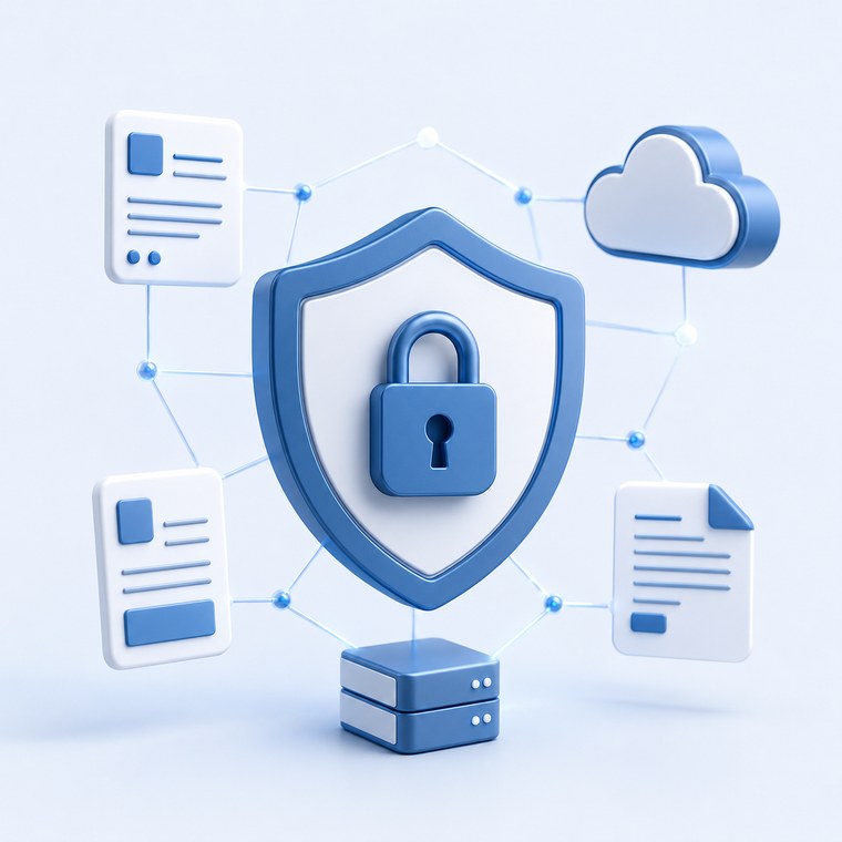 Datenschutz: Schutzschild mit Schloss, Dokumente und Cloud